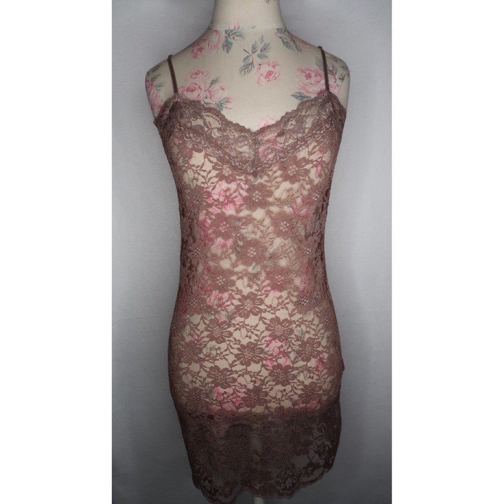 Floral Lace Slip Dress Chemise Lingerie Taupe Sheer Adjustable Straps Women's L